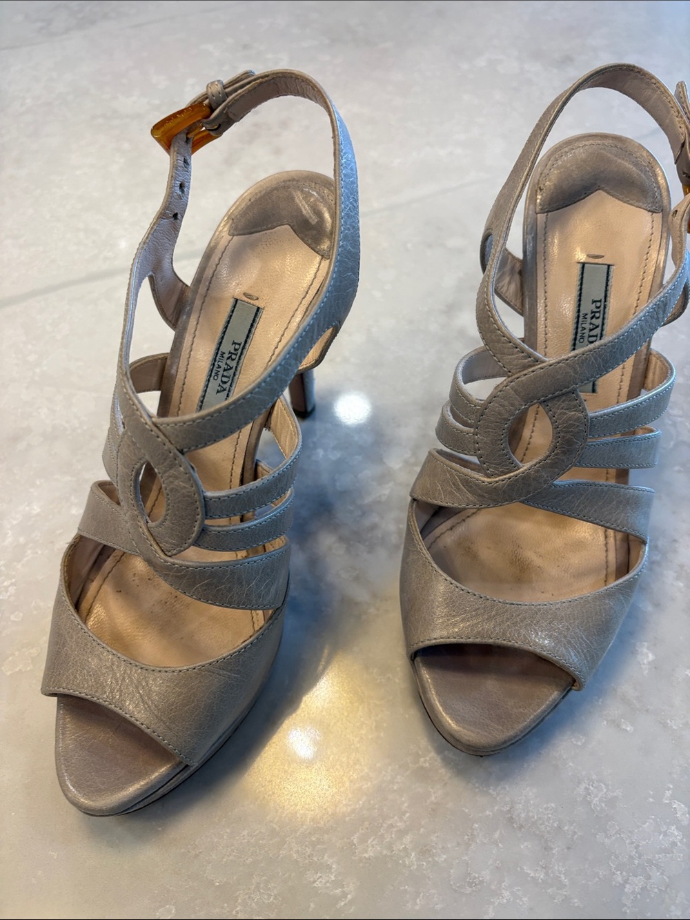 Prada Silver Leather Strappy Open-Toe Heels